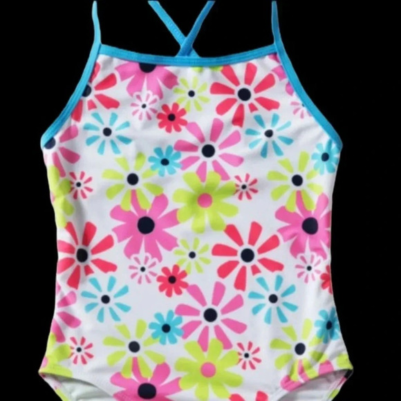 CROSS BACK NEW GIRLS BATHING SUIT SWIMSUIT SWIM PINK FLORAL FLOWERS SIZE L 6 - Picture 3 of 4